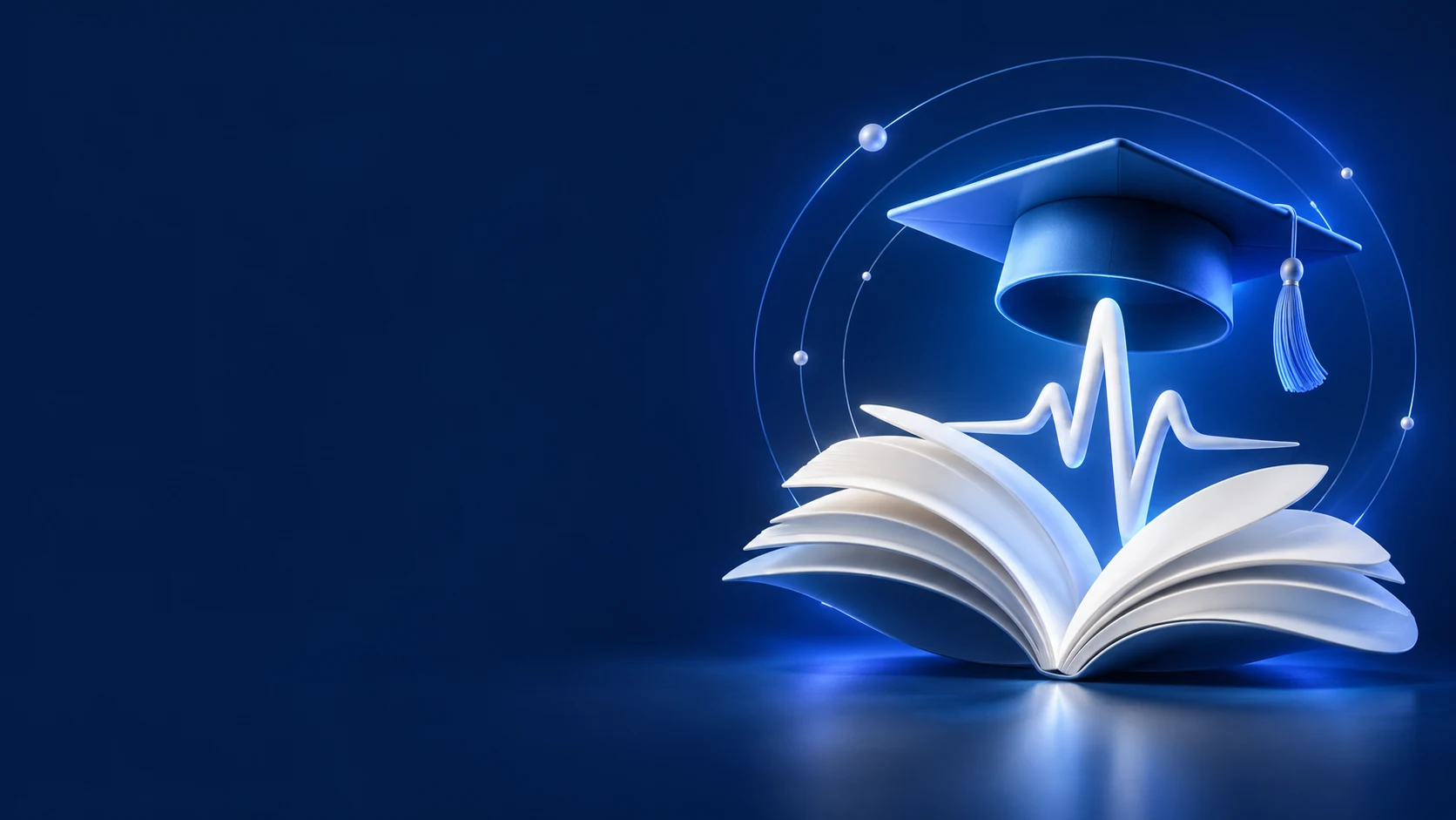 Libro abierto y birrete en azul, símbolos de formación y nuevas oportunidades.