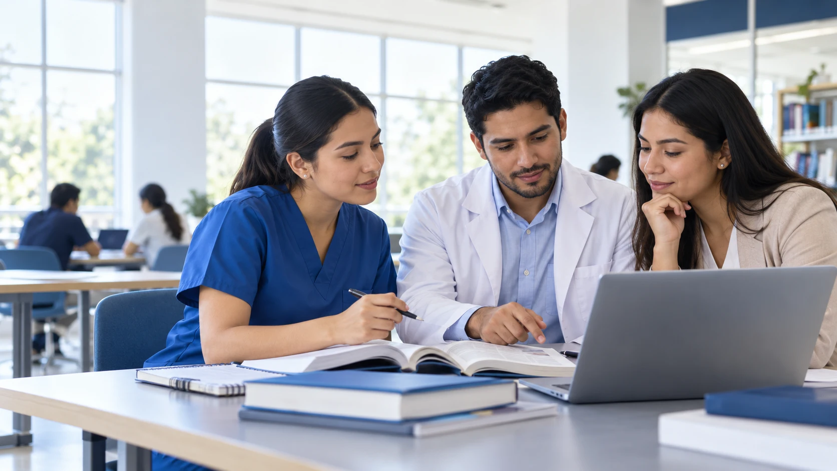 Profesionales de salud estudiando y compartiendo conocimientos en un entorno universitario.
